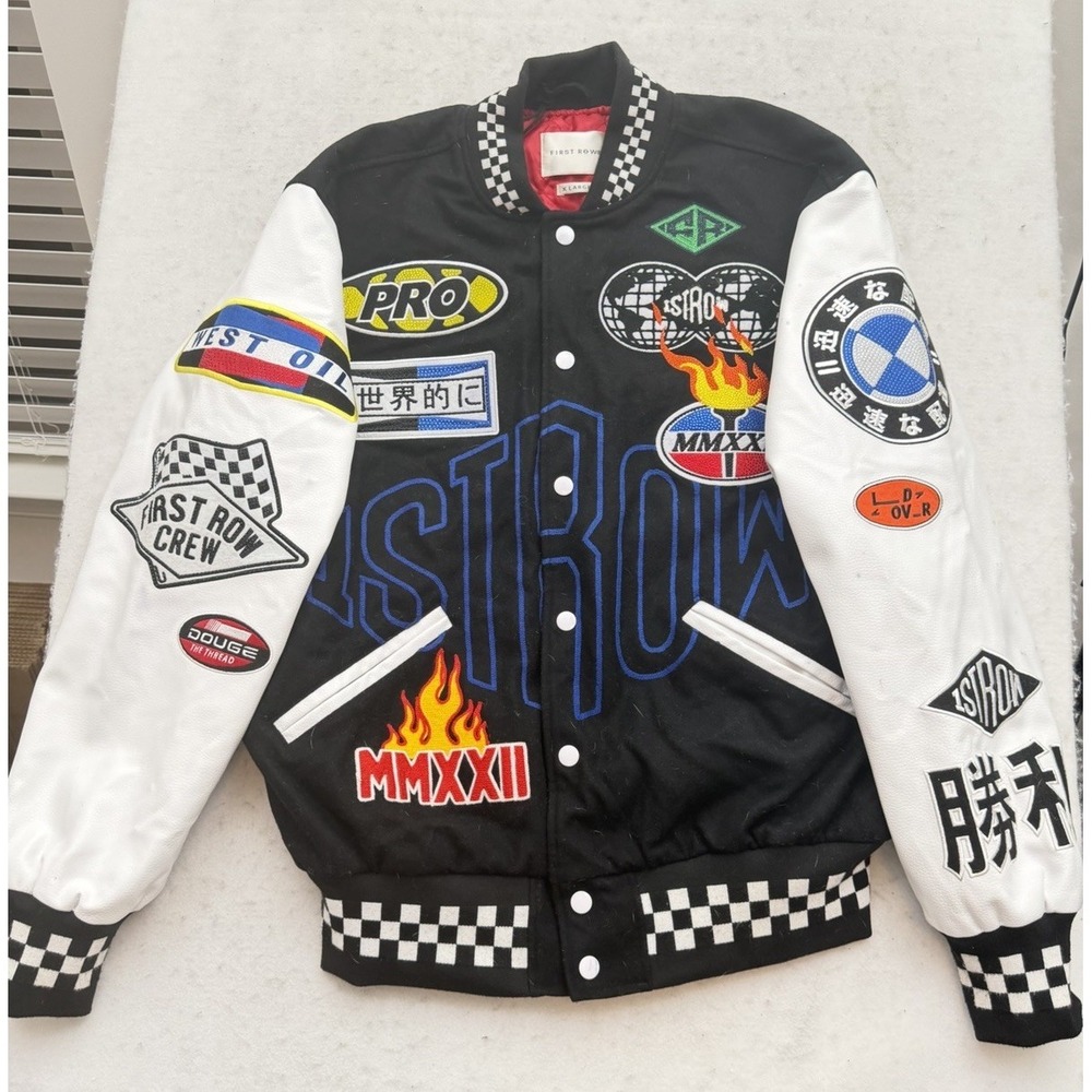 First Row Varsity Jacket Black White Mens XL Patchwork Embroidered Rhinestone
